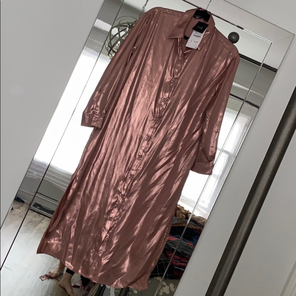 Zara pink lame shirt dress
